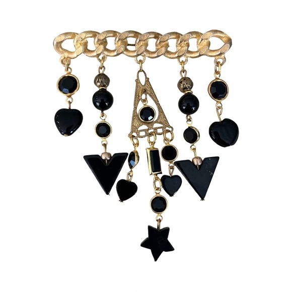 Jewelry - Vintage 80s Gold Tone Brooch with Black Dangling Charms